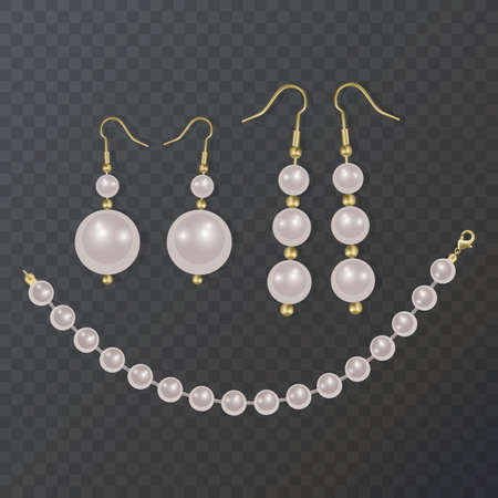 White pearl beads and pearl earrings, realistic illustration in vector formatのイラスト素材
