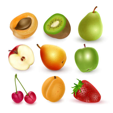 A set of ripe fruits in a realistic style, Apples, pears, cherries and so on, bright fruits, vector illustrationのイラスト素材
