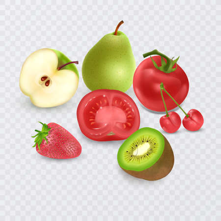 Set of fruits and vegetables on a transparent background, fresh vegetables and fruits in a realistic styleのイラスト素材