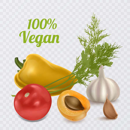 Set of fruits and vegetables on a transparent background, fresh vegetables and fruits in a realistic styleのイラスト素材