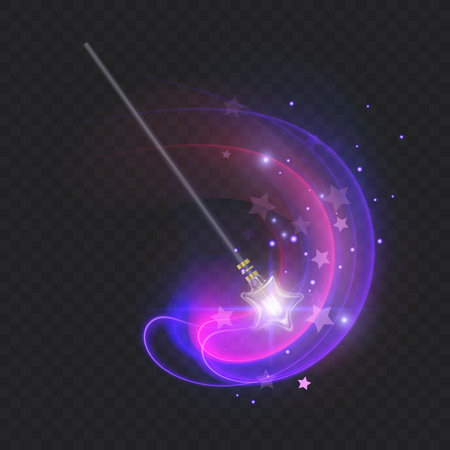 Magic wand with glowing swirl and sparkles isolated on transparent background. The magic scepter with stardust, vector formatのイラスト素材