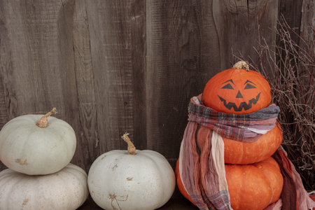 orange pumpkin snowman for halloweenの写真素材