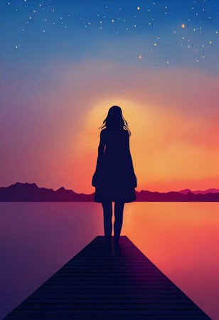 Silhouette of a young woman standing on a wooden pier at sunsetの写真素材