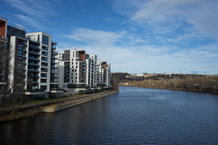 Prague, Czech Republic - January 22, 2021 - new flats near the Vltava river near the port of HoleÅ¡oviceのeditorial素材