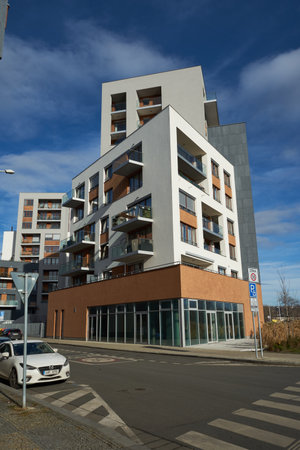 Prague, Czech Republic - January 22, 2021 - new flats near the Vltava river near the port of HoleÅ¡oviceのeditorial素材