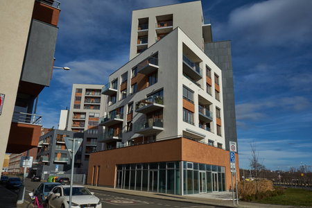 Prague, Czech Republic - January 22, 2021 - new flats near the Vltava river near the port of HoleÅ¡oviceのeditorial素材