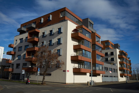 Prague, Czech Republic - January 22, 2021 - new flats near the Vltava river near the port of HoleÅ¡oviceのeditorial素材