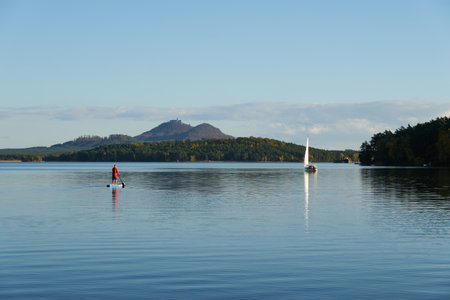 Doksy, Czech Republic - October 24, 2020 - Beautiful sunny autumn day on the shores of the largest lake in North Bohemia - lake MÃ¡cha.のeditorial素材
