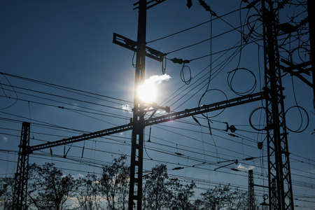 Winter sunny afternoon near the railway station - February 13.2021. Winter weak sun, frozen switches and snow all around.の写真素材
