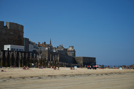Saint-Malo, France - July 23, 2018 -summer sunny beach of the Atlantic ocean with the ubiquitous windのeditorial素材