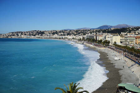Nice, France - March 30, 2018 - view from above on the English Promenade. The Promenade des Anglais is a promenade along the Mediterranean at Niceのeditorial素材