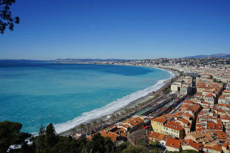 Nice, France - March 30, 2018 - view from above on the English Promenade. The Promenade des Anglais is a promenade along the Mediterranean at Niceのeditorial素材