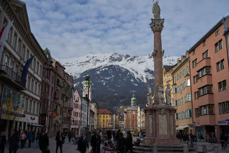 Innsbruck, Austria - February 20, 2019 - St. Anne's Column stands in the city center of Innsbruck on Maria-Theresien-Strasseのeditorial素材