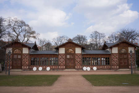 Prague, Czech Republic - March 26, 2021 - Grebovka park- CafÃ© Pavilon GrÃ©bovka with historical bowling alleyのeditorial素材