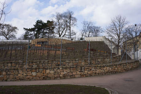 Prague, Czech Republic - March 26, 2021 - Grebovka park- The vineyard with a romantic gazebo lies on a steep slopeのeditorial素材