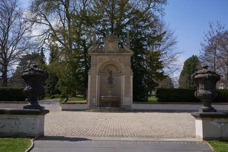 Prague, Czech Republic - April 23, 2021 - the fountain with a statue of Hercules in the Royal Garden...