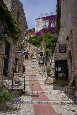 Eze, France - June 17, 2021 - a medieval town in the hills of the French Riviera in the sunny spring afternoon - walk through its labyrinth of streets and its ancient cornersのeditorial素材