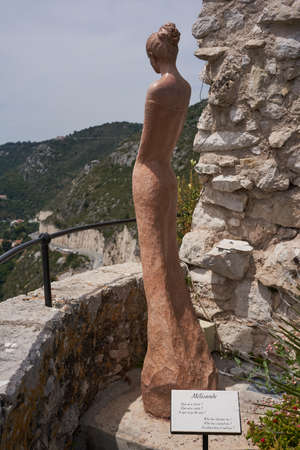 Eze, France - June 17, 2021 - the exotic garden of Eze  with statues of resplendent womenのeditorial素材