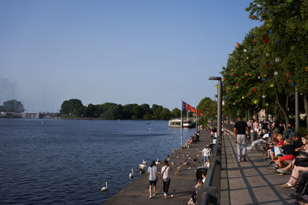 Hamburg, Germany - July 17, 2021 - Binnenalster or Inner Alster Lake is one of two artificial lakes within the city limits of Hamburg in summer afternoonのeditorial素材