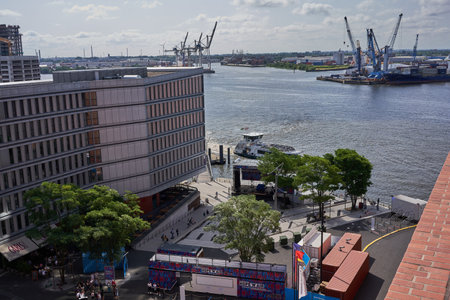 Hamburg, Germany - July 18, 2021 - the view from an observation deck, the Plaza, at the 8th floor of the Elbe Philharmonic Hall in the summer morningのeditorial素材