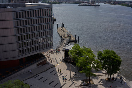 Hamburg, Germany - July 18, 2021 - the view from an observation deck, the Plaza, at the 8th floor of the Elbe Philharmonic Hall in the summer morningのeditorial素材