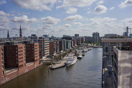 Hamburg, Germany - July 18, 2021 - the view from an observation deck, the Plaza, at the 8th floor of the Elbe Philharmonic Hall in the summer morningのeditorial素材