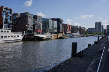 Hamburg, Germany - July 18, 2021 - development in the port of Hamburg near the Elbe Philharmonic - Am Kaiserkai street - in the sunny summer morningのeditorial素材
