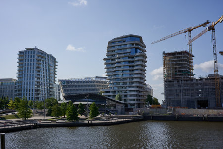 Hamburg, Germany - July 18, 2021 - development in the port of Hamburg near the Elbe Philharmonic - Am Kaiserkai street - in the sunny summer morningのeditorial素材