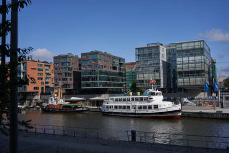 Hamburg, Germany - July 18, 2021 - development in the port of Hamburg near the Elbe Philharmonic - Am Kaiserkai street - in the sunny summer morningのeditorial素材