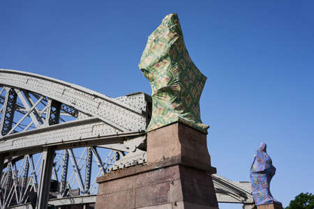 Hamburg, Germany - July 18, 2021 - the KornhausbrÃ¼cke bridge with the statues of Columbus and Vasco da Gama carefully shroudedのeditorial素材