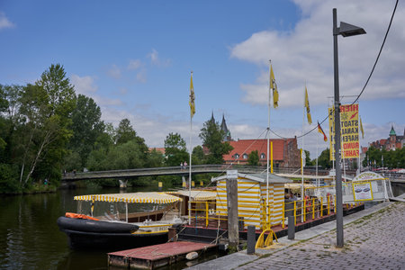 Luebeck, Germany - July 20, 2021 - the river Trave and its immediate surroundings in the old town of Luebeckのeditorial素材