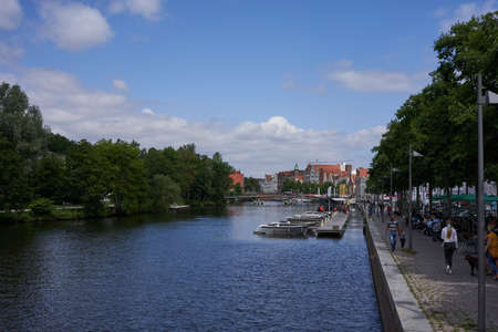 Luebeck, Germany - July 20, 2021 - the river Trave and its immediate surroundings in the old town of Luebeckのeditorial素材