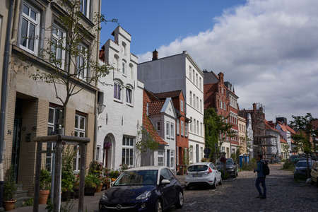 Luebeck, Germany - July 20, 2021 - a typical crow-stepped gabled town houseのeditorial素材