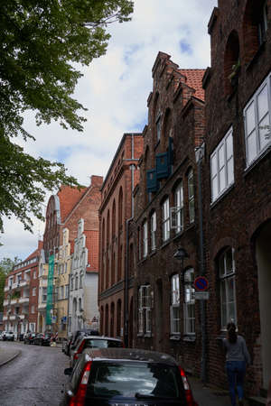 Luebeck, Germany - July 20, 2021 - a typical crow-stepped gabled town houseのeditorial素材
