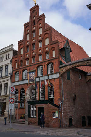 Luebeck, Germany - July 20, 2021 - a typical crow-stepped gabled town houseのeditorial素材