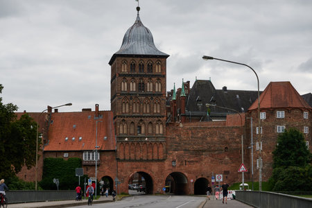 Luebeck, Germany - July 19, 2021 - The Burgtor is the northern city gate of Hanseatic LÃ¼beck. It is one of two towered gates remaining from the medieval fortifications.のeditorial素材