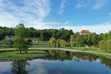 An aerial view of Prague's largest park Stromovka in spring sunny morningのeditorial素材