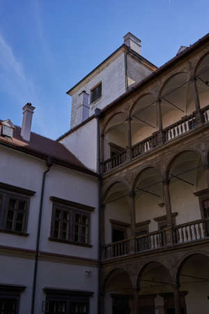 Bucovice, Czech Republic - September 10, 2021 - reconstruction of the courtyard of the castle one summer sunny afternoonのeditorial素材
