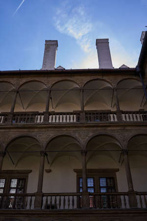 Bucovice, Czech Republic - September 10, 2021 - reconstruction of the courtyard of the castle one summer sunny afternoonのeditorial素材