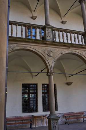 Bucovice, Czech Republic - September 10, 2021 - reconstruction of the courtyard of the castle one summer sunny afternoonのeditorial素材