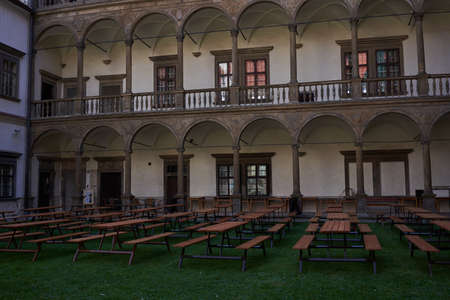 Bucovice, Czech Republic - September 10, 2021 - reconstruction of the courtyard of the castle one summer sunny afternoonのeditorial素材