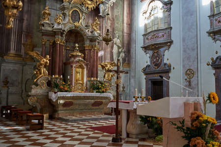 Uherske Hradiste, Czech Republic - September 11, 2021 - the interior of the baroque church of St....