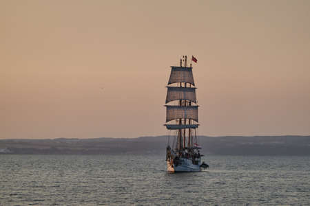 Binz, Germany - July 22, 2021 - The Loth LoriÃ«n is a three-masted barquentine flying the Dutch flag at duskのeditorial素材