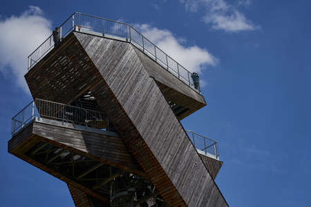 Salas, Czech Republic - April 17, 2022 - A completely unconventional tourist lookout tower above the...