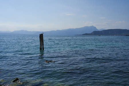 The clear blue water of Lake Garda with wooden stake on a summer afternoonの写真素材