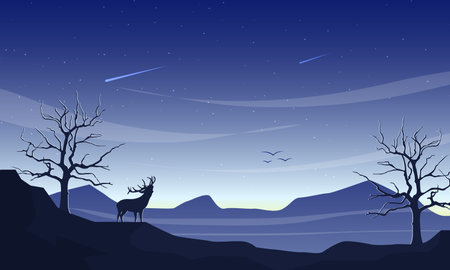 Flat Morning Silhouette Landscape With Mountains and Mooseのイラスト素材