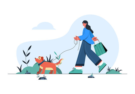 Girl walking with dog concept illustrationのイラスト素材