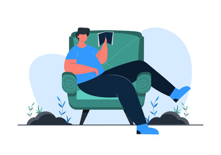 A man reading book on a couch concept illustrationのイラスト素材