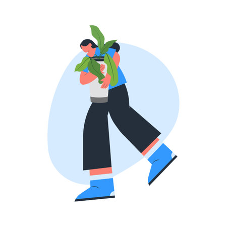 Girl holding houseplant concept illustrationのイラスト素材