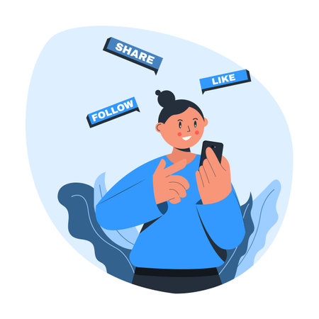 Happy Girl using phone to follow, like, share on Social Media Concept Illustrationのイラスト素材
